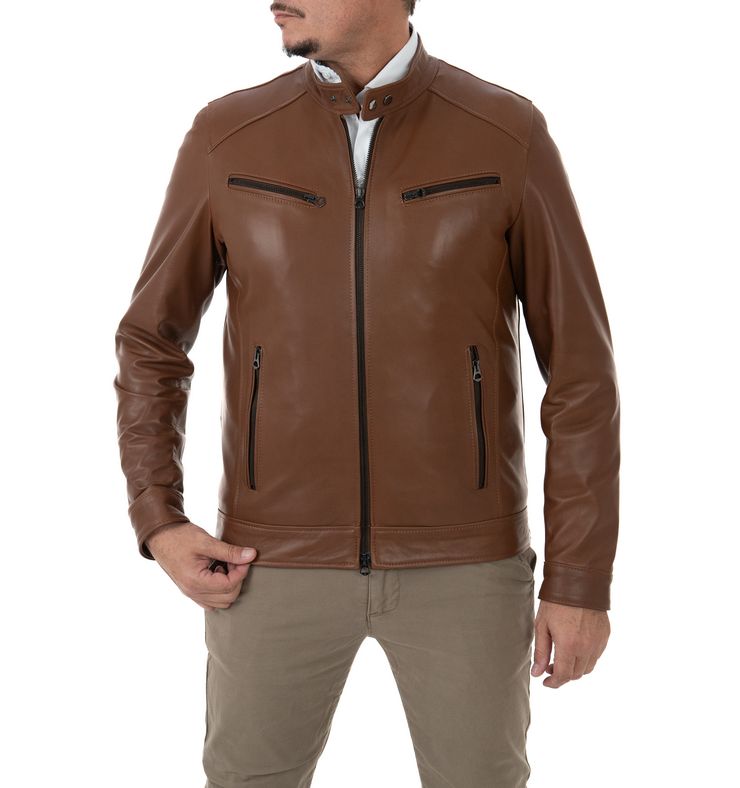 Giacca In Pelle Uomo – Stile Blouson, Chiusura Con Cerniera E Risvolti - 2