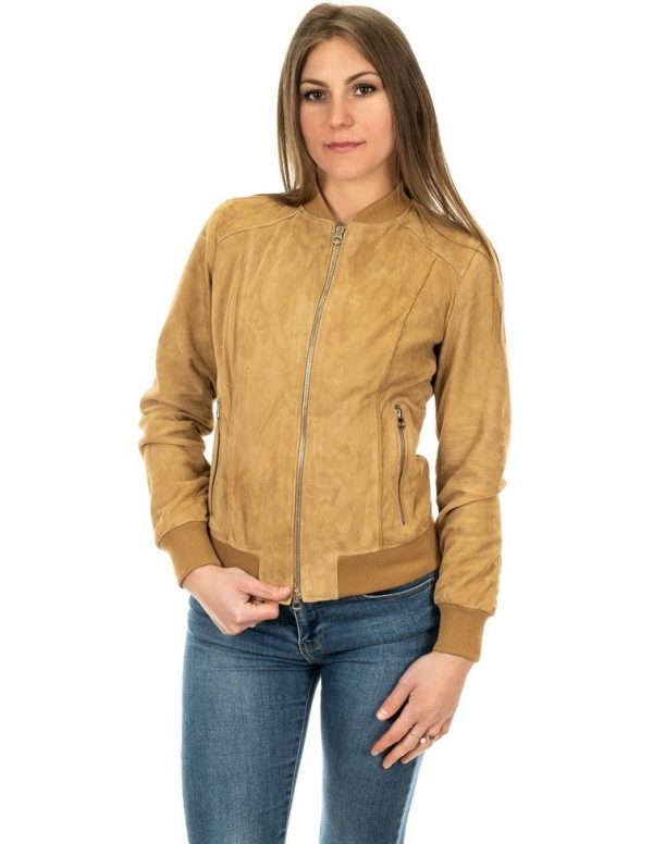 bomber da donna in vera pelle scamosciato camel
