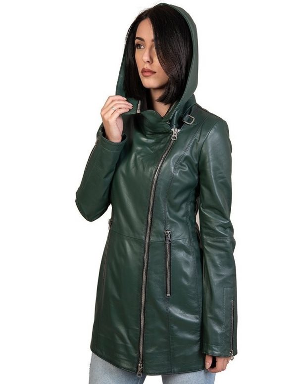 cappottino da donna in vera pelle verde con cappuccio