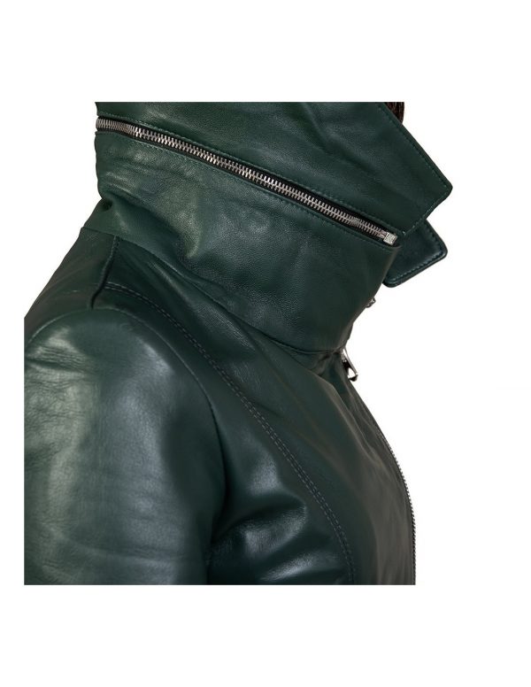 cappottino da donna in vera pelle verde con cappuccio
