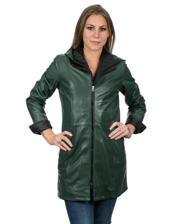 cappottino lungo donna in vera pelle verde