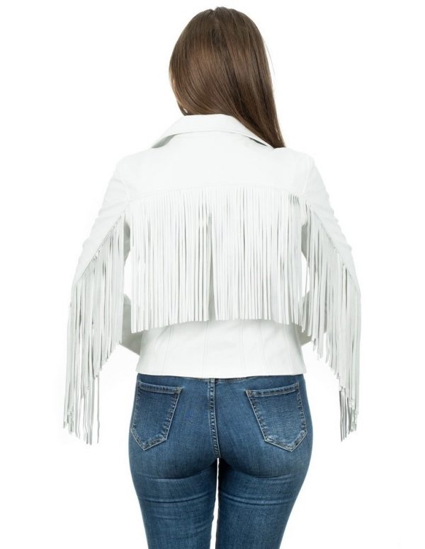 chiodo da donna in vera pelle bianco con frangia
