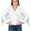 chiodo da donna in vera pelle bianco con frangia