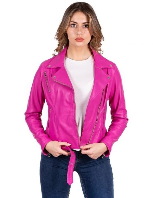 chiodo da donna in vera pelle fucsia