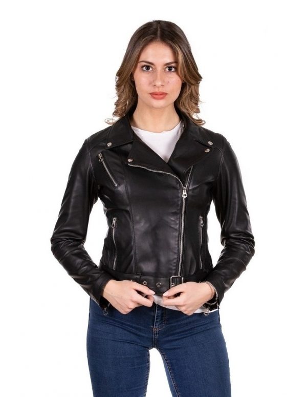 chiodo da donna in vera pelle nero
