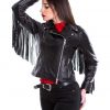 chiodo da donna in vera pelle nero con frangia