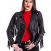 chiodo da donna in vera pelle nero con frangia