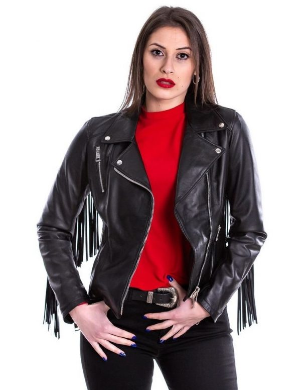 chiodo da donna in vera pelle nero con frangia