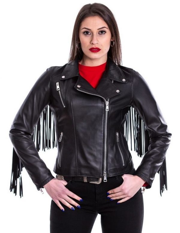 chiodo da donna in vera pelle nero con frangia
