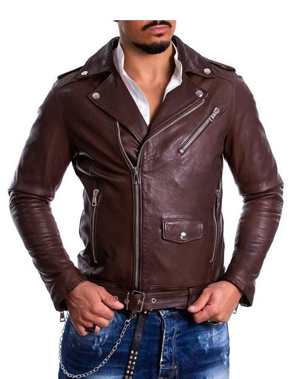 chiodo da uomo in vera pelle marrone