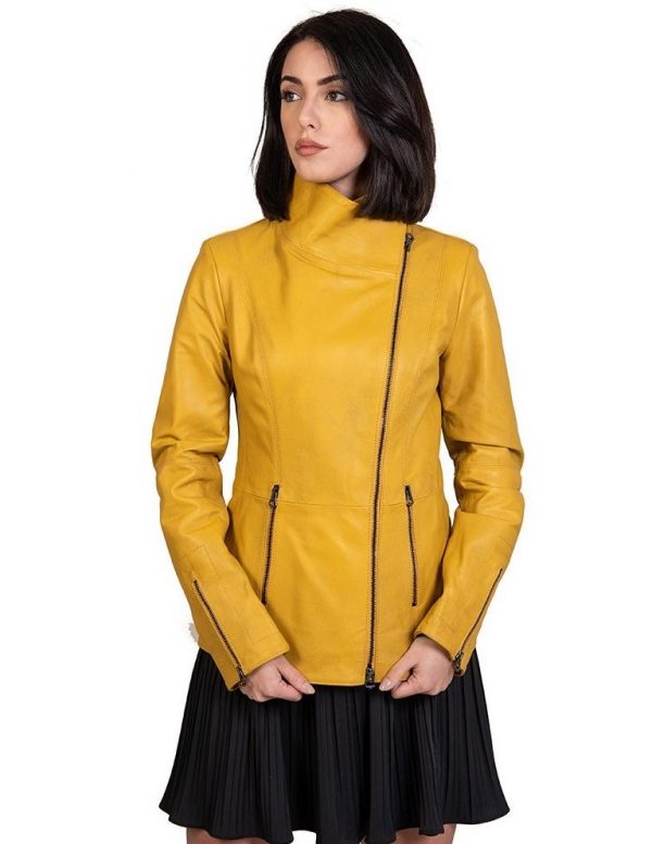 Yellow leather jacket womens hotsell