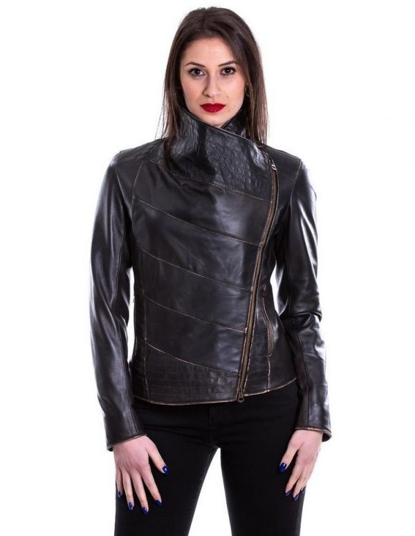 giacca motociclista da donna in vera pelle asport nero