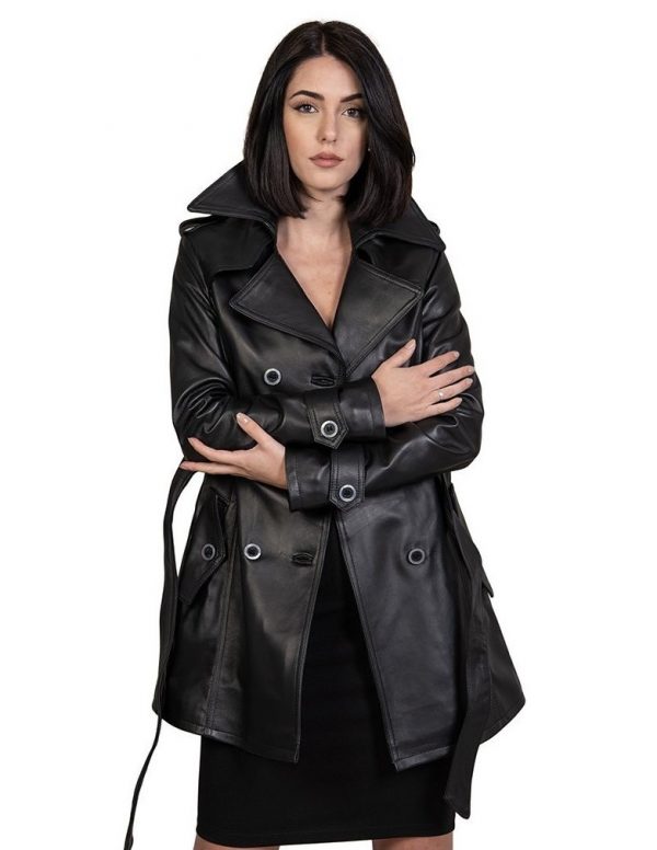 trench da donna in vera pelle nero