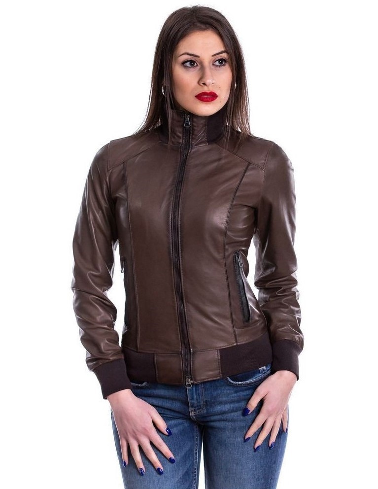 Bomber da donna in vera pelle marrone Modello 1528