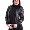 cazadora bomber negra de piel auténtica para mujer