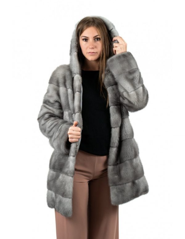 cappotto in pelliccia di visone con cappuccio colore zaffiro