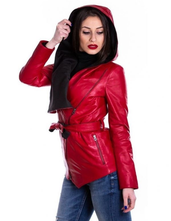 giacca donna vera pelle rossa con cappuccio