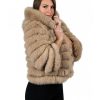 giacca in vera pelliccia di volpe beige con cappuccio