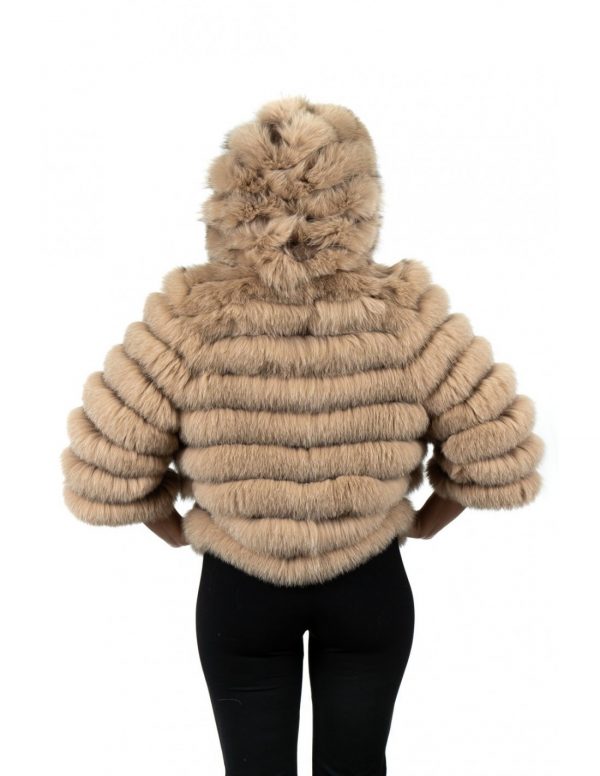 giacca in vera pelliccia di volpe beige con cappuccio