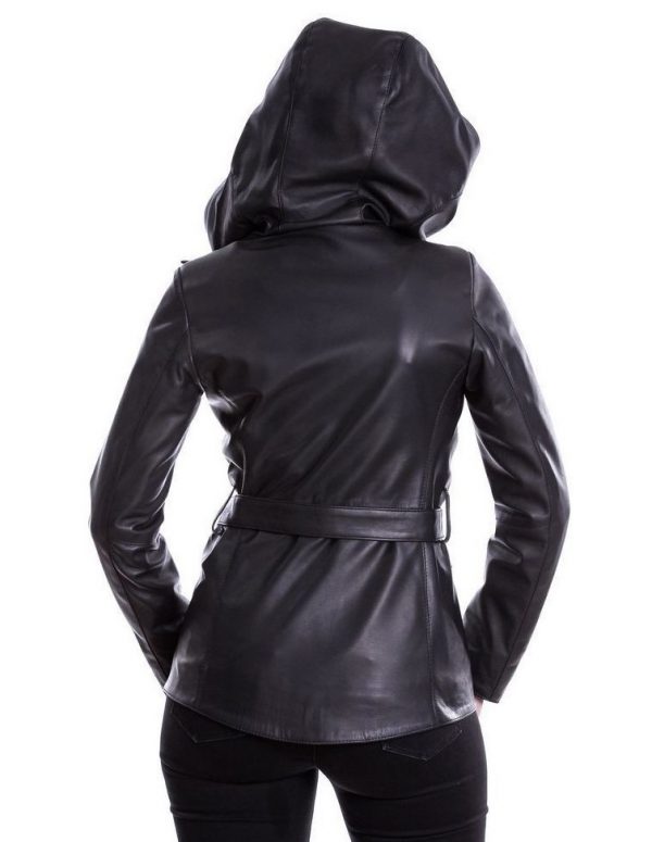 giubbotto da donna in vera pelle nero con cappuccio