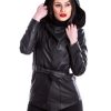 giubbotto da donna in vera pelle nero con cappuccio