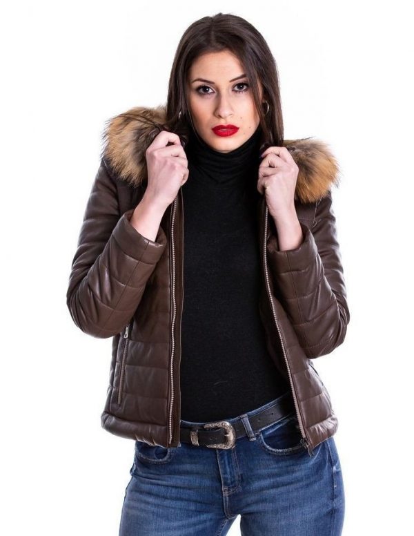piumino donna in vera pelle marrone